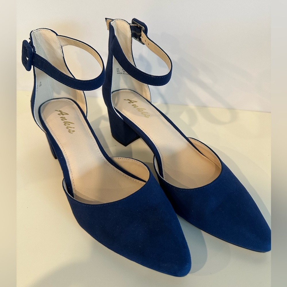Ankis Sapphire Blue Suede Closed Toe Block Heels with Ankle Straps, Size 8.5